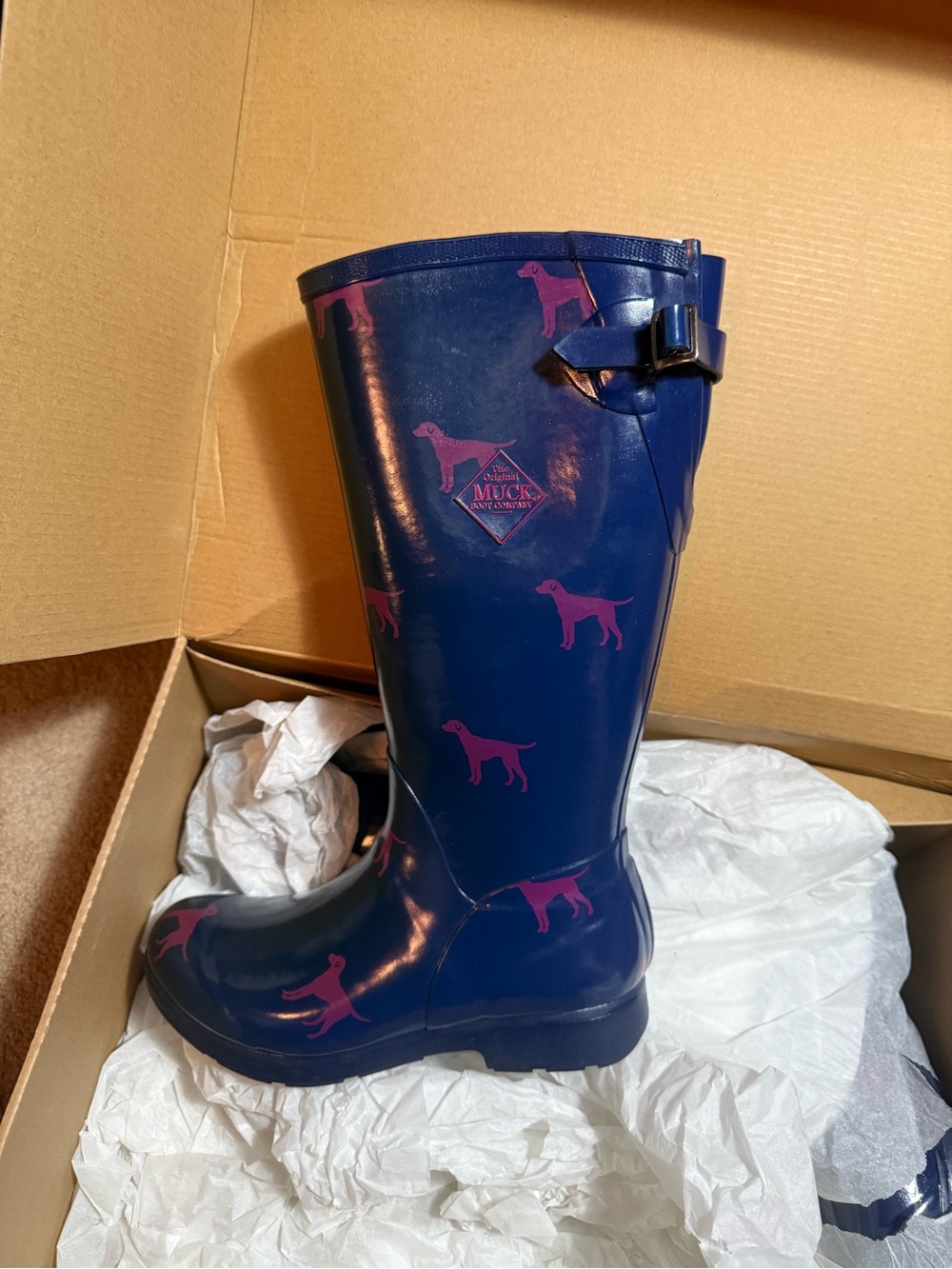 Navy Rain Boot with Pink Dog Print